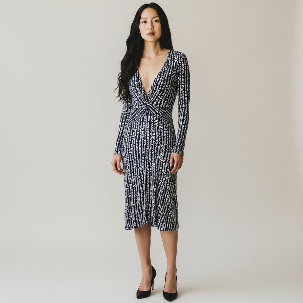 Boss Hugo Boss Long Sleeve Geometric Navy Dress Midi Size Small Deep V Neck